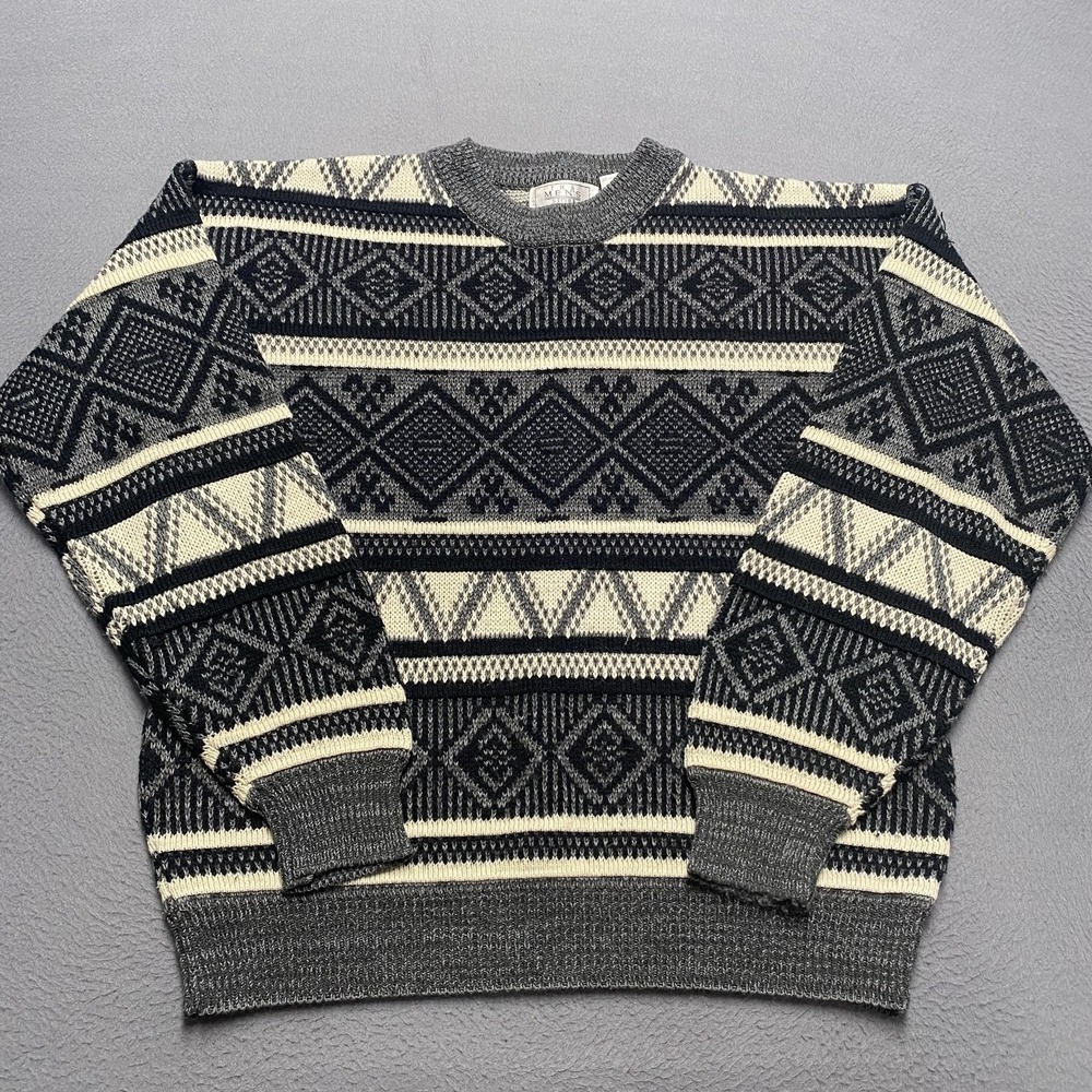 Vintage‎ The Mens Store At Sears Sweater Mens Medium Gray Knit Geometric 90s